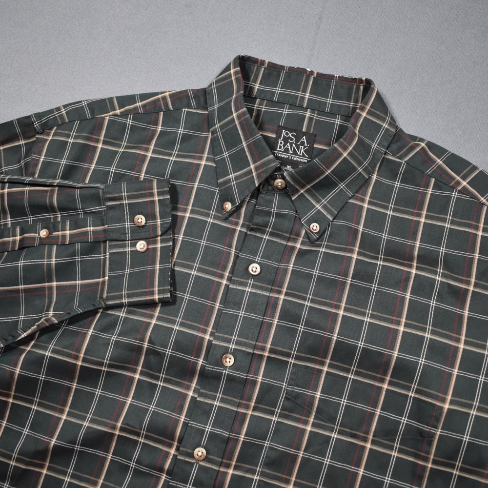 Jos A Bank Mens X-Large Green Plaid Travelers Collection Button Down Long Sleeve